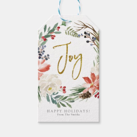 Joy Floral waterverf met kerstmis Cadeaulabel (Voorkant)