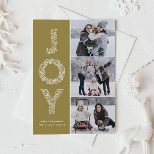 JOY Foliage Lettering Gold Photo Collage Feestdagenkaart