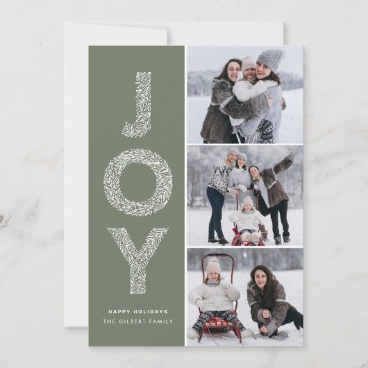 JOY Foliage Lettering Taupe Groene Fotocollage Feestdagenkaart (Voorkant)