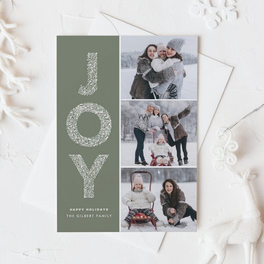 JOY Foliage Lettering Taupe Groene Fotocollage Feestdagenkaart