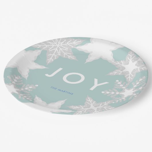 JOY Frosted Snowflakes Blauw Papieren Bordje (Gekanteld)