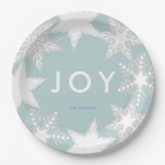 JOY Frosted Snowflakes Blauw Papieren Bordje (Voorkant)