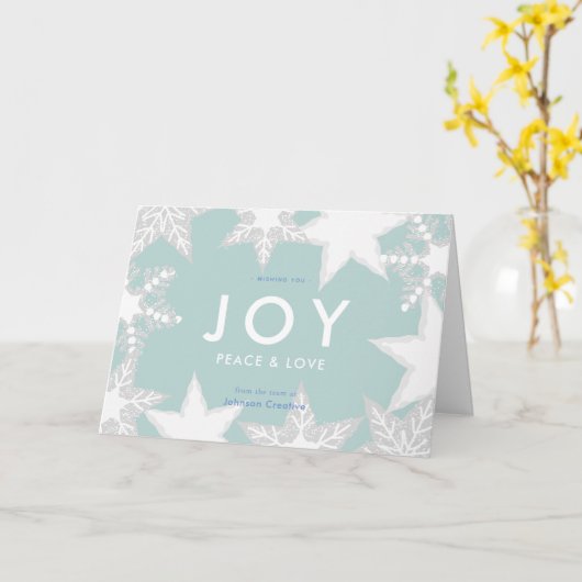 JOY Frosted Snowflakes Blauwe Onderneming Kerstmis Kaart (Gele Bloem)