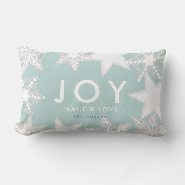 JOY Frosted Snowflakes Lichtblauwe Kerst Kussen (Voorkant)