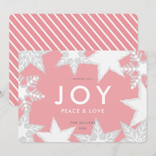 JOY Frosted Snowflakes Roze Kerst Kaart (Voorkant / Achterkant)
