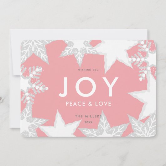 JOY Frosted Snowflakes Roze Kerst Kaart (Voorkant)