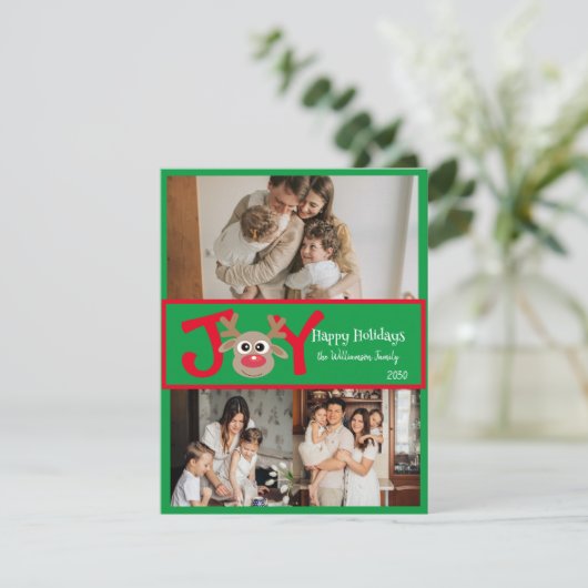 JOY Fun Schattige 3 Foto Cartoon Rendier Rood Groe Feestdagenkaart (Staand voorkant)