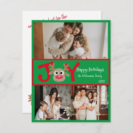 JOY Fun Schattige 3 Foto Cartoon Rendier Rood Groe Feestdagenkaart (Voorkant / Achterkant)