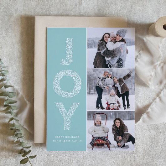 JOY gebladerte belettering lichtblauw fotocollage Feestdagenkaart