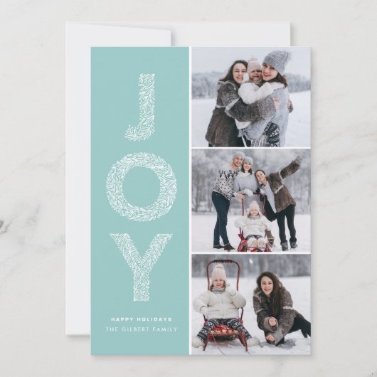 JOY gebladerte belettering lichtblauw fotocollage Feestdagenkaart (Voorkant)