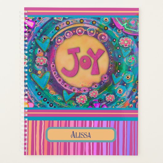 Joy gepersonaliseerde naam  roze bloemenstreep planner (Voorkant)