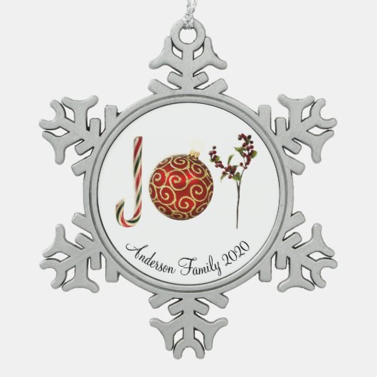 Joy gepersonaliseerde snoeprietversiering heilig tin sneeuwvlok ornament (Voorkant)