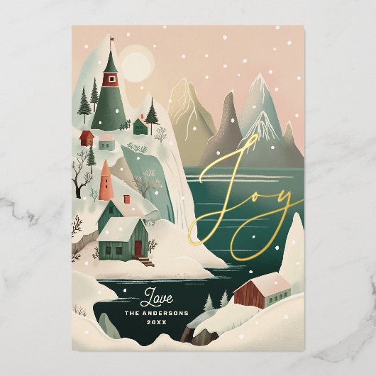 Joy Gold Christmas | Alpine Mountain Village Scene Folie Feestdagenkaart (Voorkant)