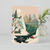 Joy Gold Christmas | Alpine Mountain Village Scene Folie Feestdagenkaart (Staand Voorkant)