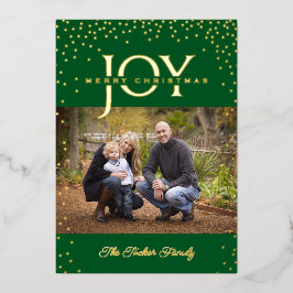 JOY Gold Confetti op Green Merry-kerstfoto Folie Feestdagenkaart