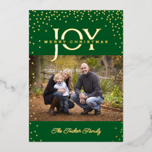 JOY Gold Confetti op Green Merry-kerstfoto Folie Feestdagenkaart