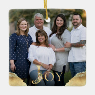 Joy Gold Foil 2 Sided Family Foto met Kerstmis Keramisch Ornament