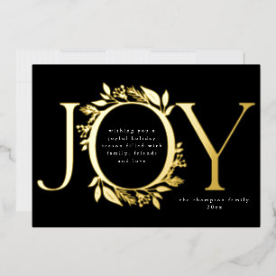 Joy Gold Foil Foliage Berry Wreatfoto zwart Folie Feestdagenkaart