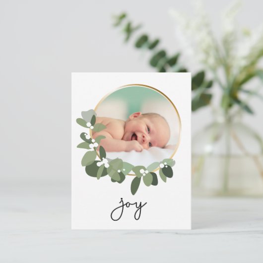 Joy Gold Wreath Baby FotoKerstmis Briefkaart (Staand voorkant)