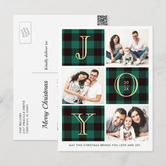 JOY| Green Pset Photo Collage Kerstfeestdag Briefkaart (Voorkant / Achterkant)