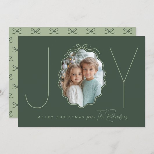 JOY Green Simple Bow Foto Kerstvakantie Kaart (Voorkant / Achterkant)