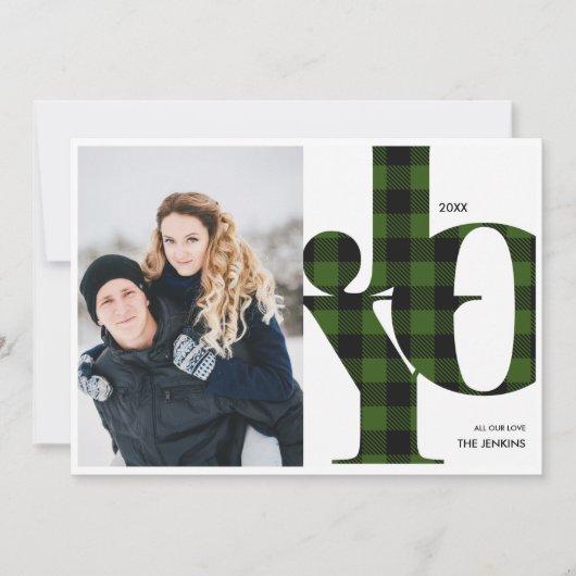 Joy | Groene Buffalo Plaid Photo Holiday Kaart (Voorkant)