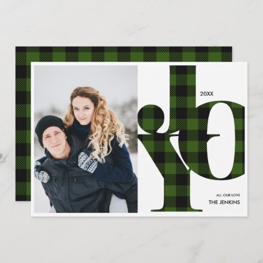 Joy | Groene Buffalo Plaid Photo Holiday Kaart (Voorkant / Achterkant)