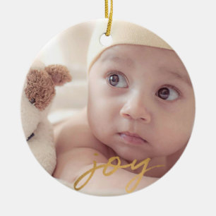 Joy Hand Lettered Gold 2-side Photo Holiday Keramisch Ornament