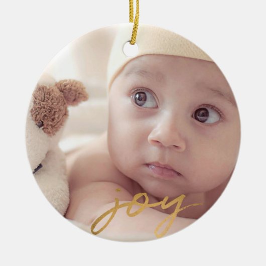 Joy Hand Lettered Gold 2-side Photo Holiday Keramisch Ornament (Voorkant)