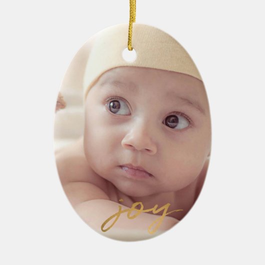 Joy Hand Lettered Gold 2-side Photo Holiday Keramisch Ornament (Voorkant)