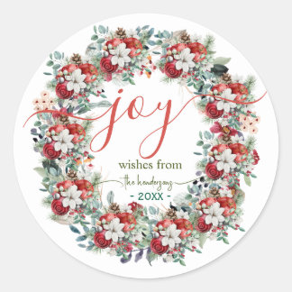 Joy Handwritten Script Christmas Wreath Name Red Ronde Sticker