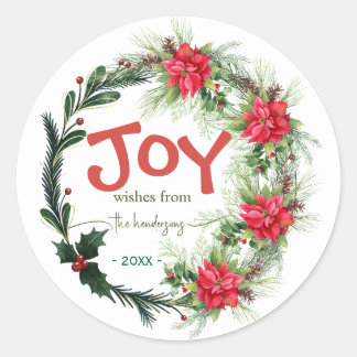 Joy Handwritten Script Name Christmas Wreath Red Ronde Sticker