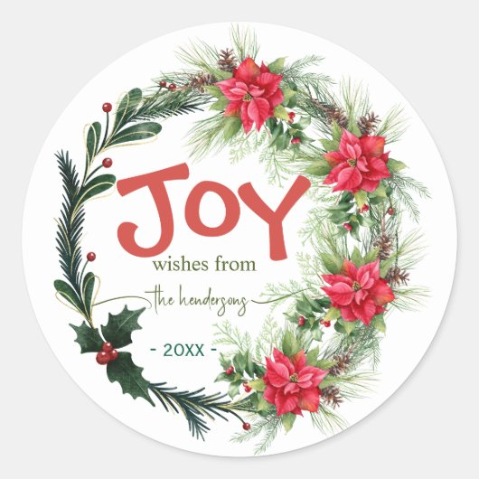 Joy Handwritten Script Name Christmas Wreath Red Ronde Sticker (Voorkant)