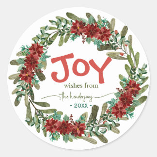 Joy Handwritten Script Name Red Christmas Wreath Ronde Sticker