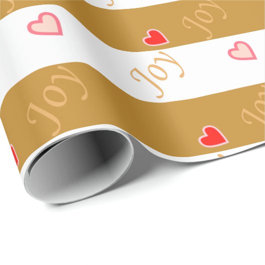Joy Heart Pattern over Striped Golden & White Cadeaupapier (Rol Hoek)