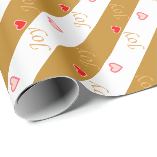 Joy Heart Pattern over Striped Golden & White Wrap Cadeaupapier (Rol Hoek)