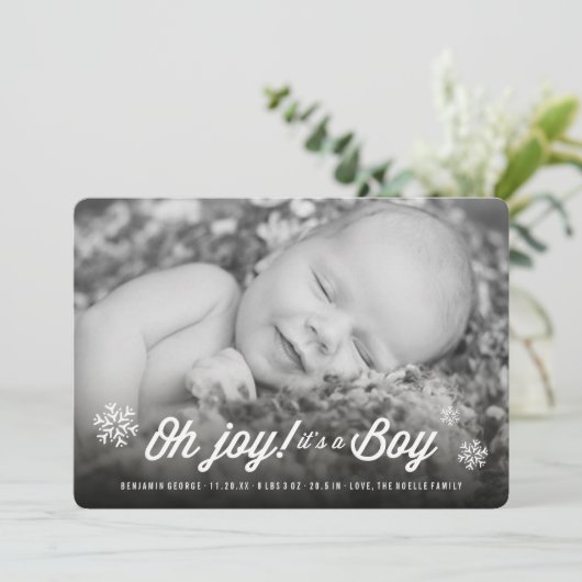 Joy het is een Jongen Foto Holiday Bancement Feestdagenkaart (Staand voorkant)