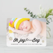 Joy Het is een jongen Snowflakes Foto Holiday Birt Feestdagenkaart (Staand voorkant)