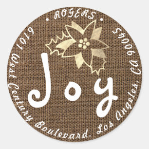 Joy Holly Holiday Retouradres Linnen Goud Boerderi Ronde Sticker