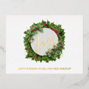 Joy Holly Wreath Modern Zakelijk Bedrijfsleven  Folie Feestdagen Briefkaart