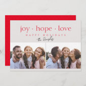 Joy Hope Love Modern Red Two foto Feestdagenkaart (Voorkant / Achterkant)