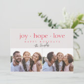 Joy Hope Love Modern Red Two foto Feestdagenkaart (Staand voorkant)