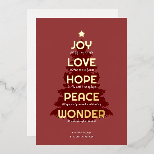 Joy Hope Love Peace Wonder Christelijk Kerstmis Folie Feestdagenkaart (Voorkant / Achterkant)