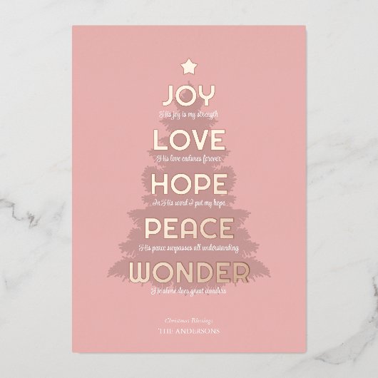 Joy Hope Love Peace Wonder Christelijk Kerstmis Folie Feestdagenkaart (Voorkant)