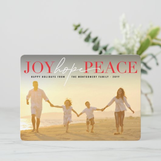 Joy Hope Peace Classic Typography Moderne Photo Feestdagenkaart (Staand voorkant)