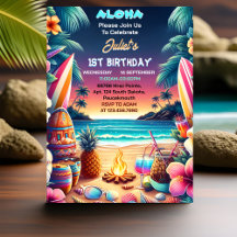 Joy hula Luau Surf aloha hawaiian 1st birthday Inv