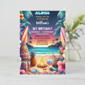 Joy hula Luau Surf aloha hawaiian 1st birthday Inv Kaart (Staand voorkant)
