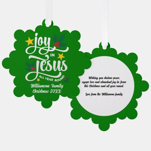 Joy in Jesus Christian Christmas Family Name  Ornament Kaart (Voorkant / Achterkant)