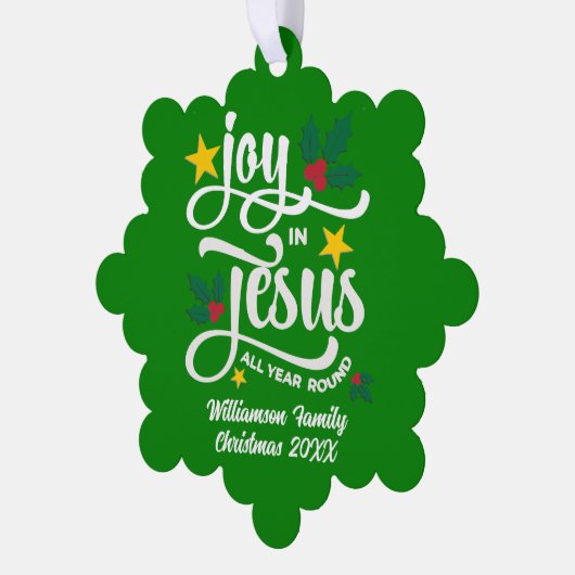 Joy in Jesus Christian Christmas Family Name  Ornament Kaart (Links)