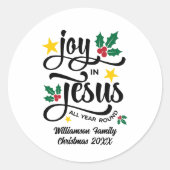 Joy in Jesus Christian Christmas Family Name Ronde Sticker (Voorkant)